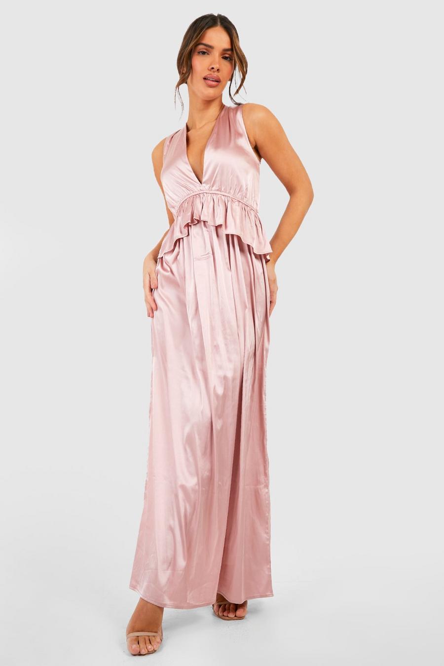 Rose pink Bridesmaid Satin Ruffle Maxi Dress