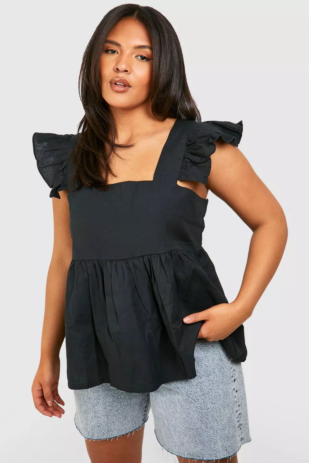 Black Plus Linen Ruffle Smock Top alternative image