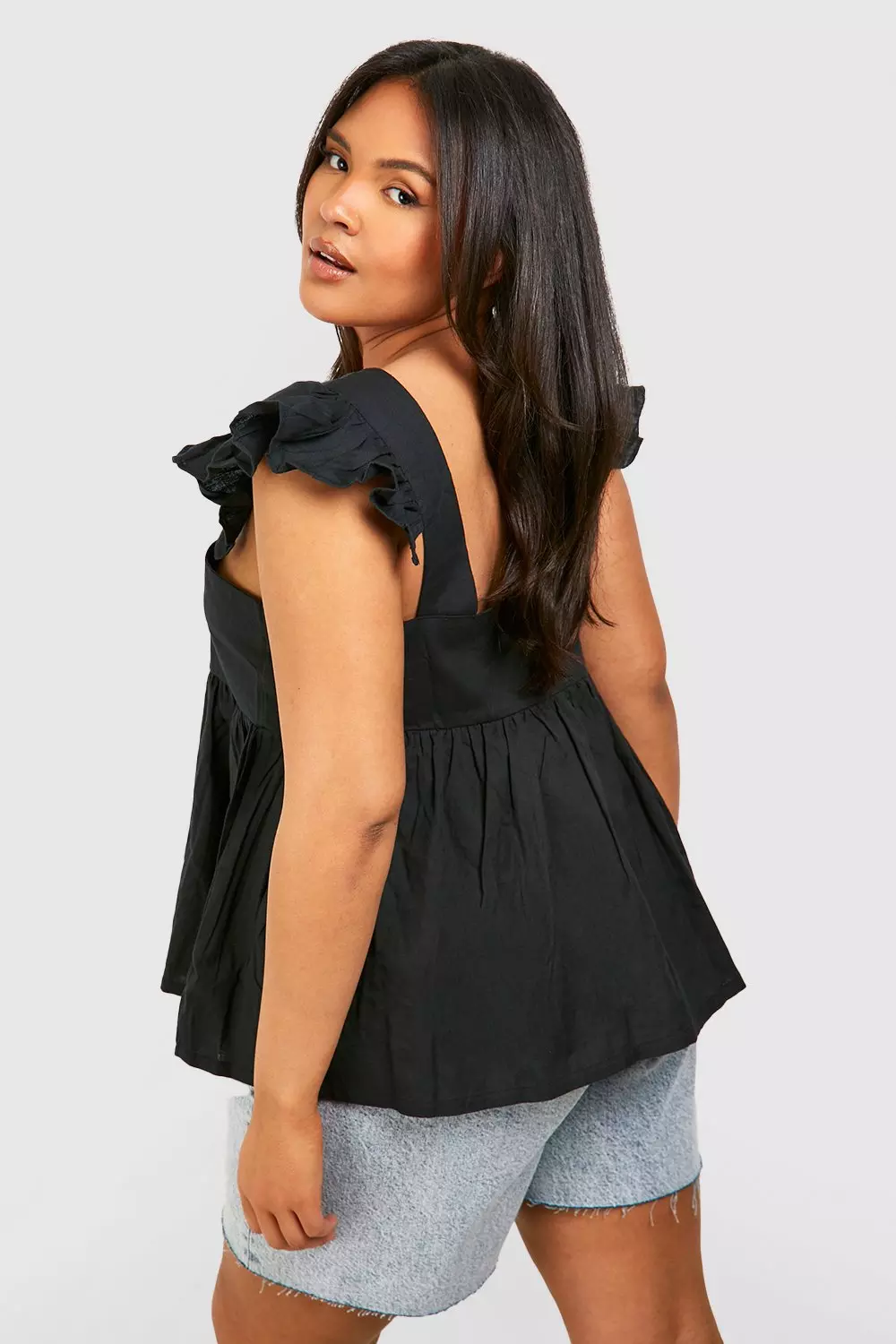 Black Plus Linen Ruffle Smock Top alternative image