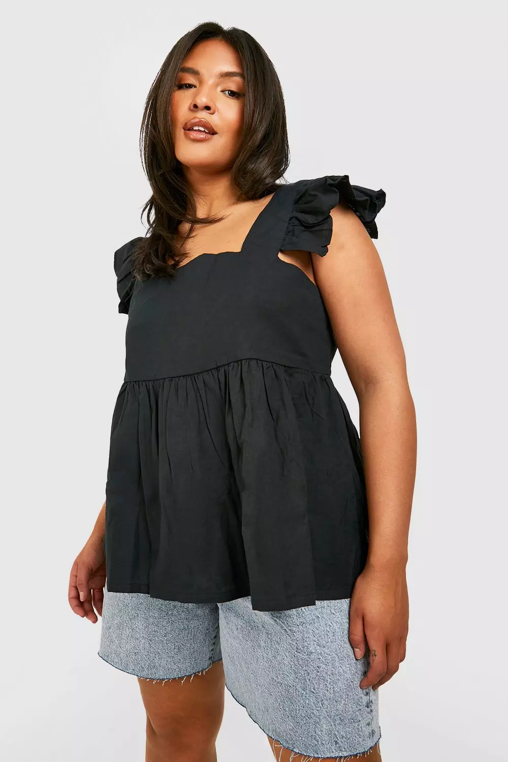Black Plus Linen Ruffle Smock Top alternative image