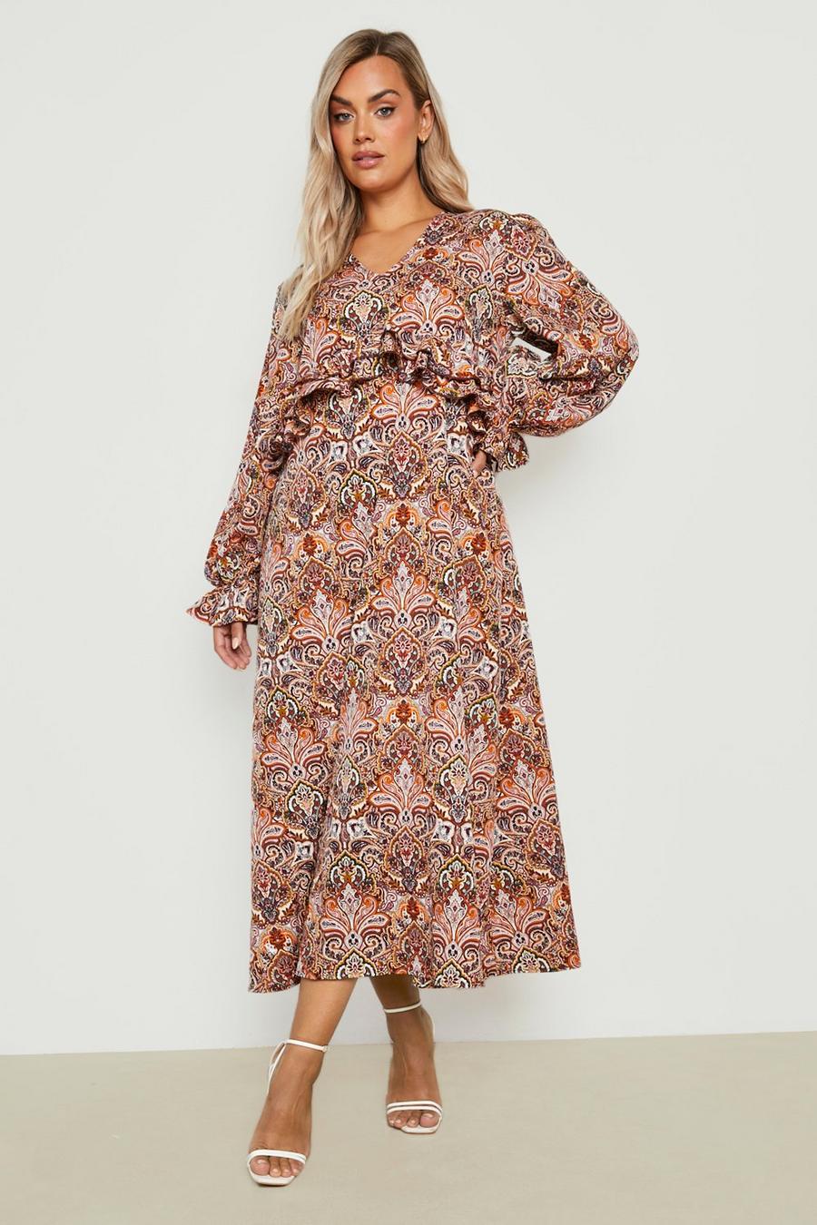Brown Plus Paisley Plunge Ruffle Midaxi Dress image number 1