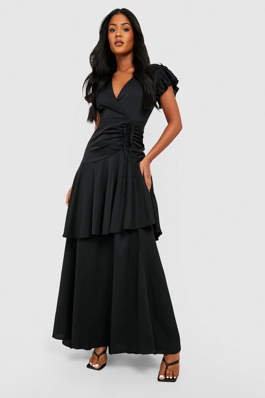 Black Tall Wrap Ruffle Ruched Angel Sleeve Dress image number 1