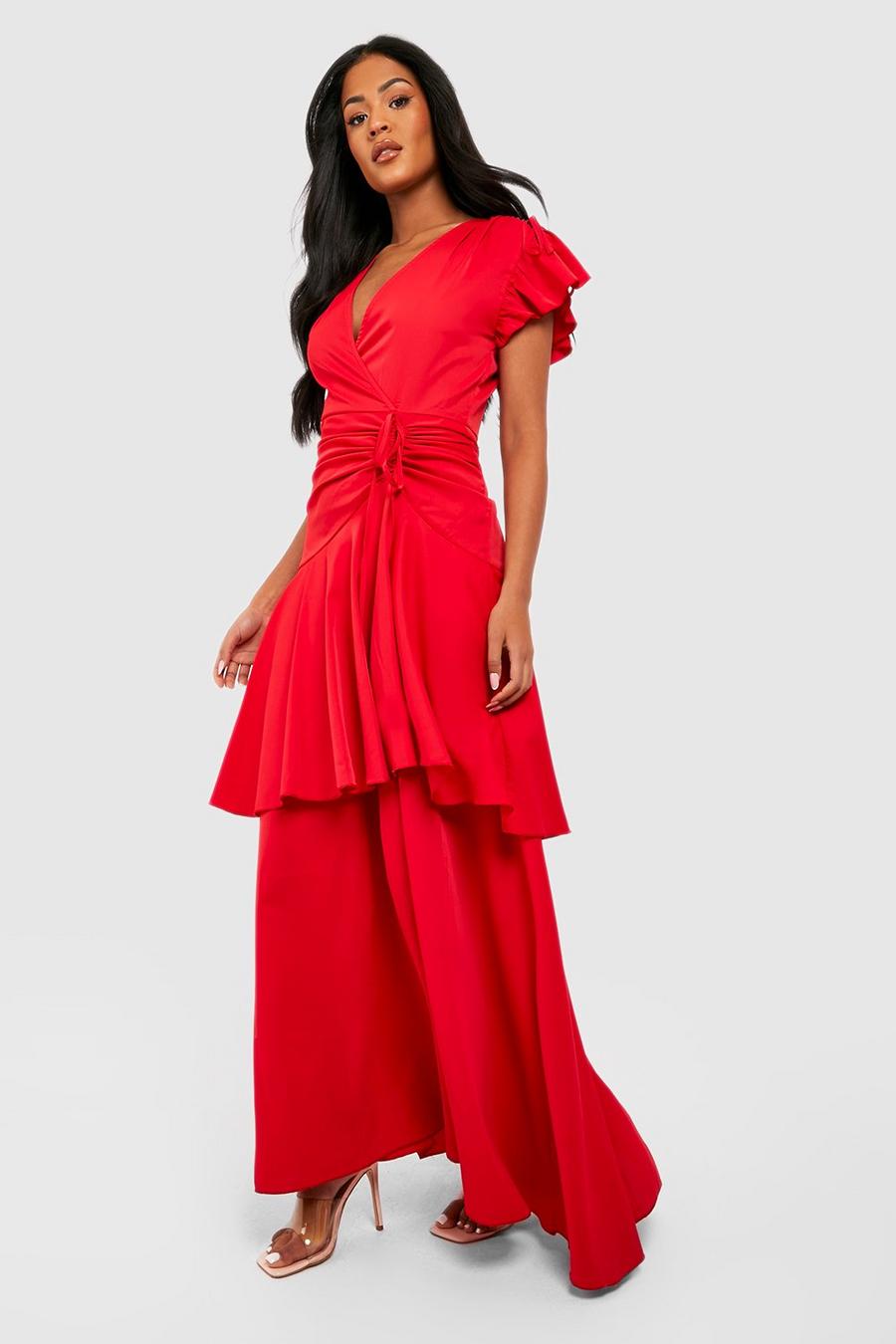 Cherry Tall Wrap Ruffle Ruched Angel Sleeve Dress image number 1