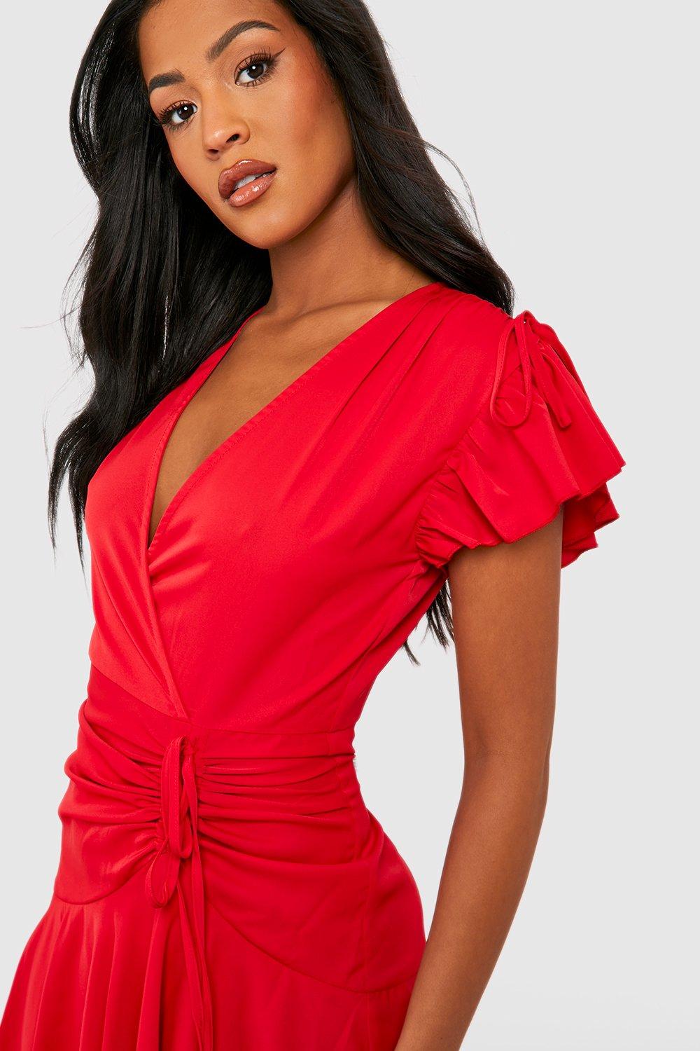 Boohoo angel sleeve ruched cheap mini dress in red