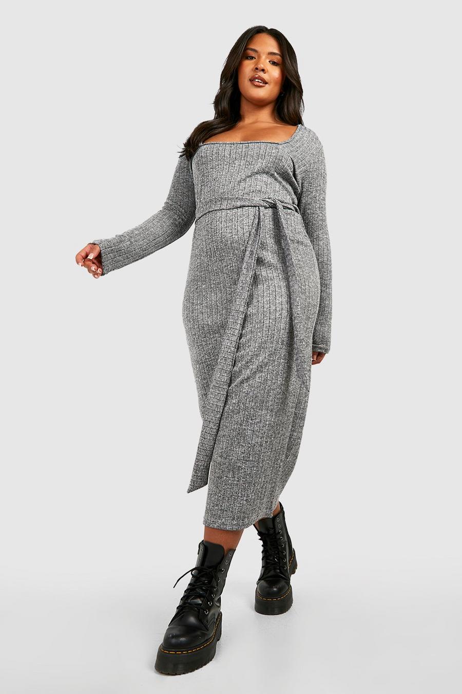 Grey Plus Knitted Brush Rib Belted Midaxi Jumper Dress image number 1