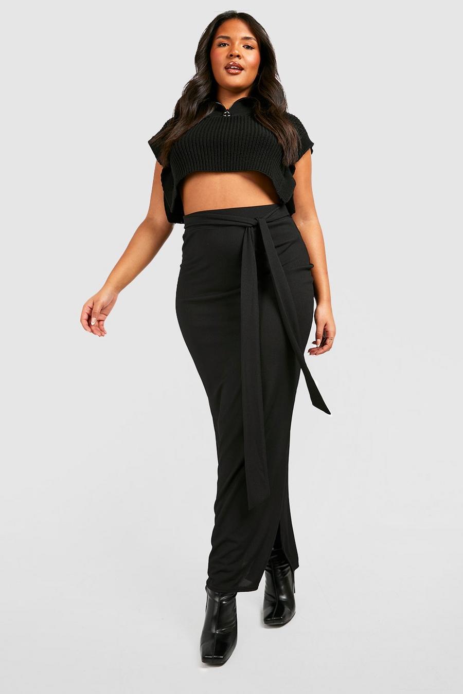 Black noir Plus Rib Belted Split Side Seam Maxi Skirt  