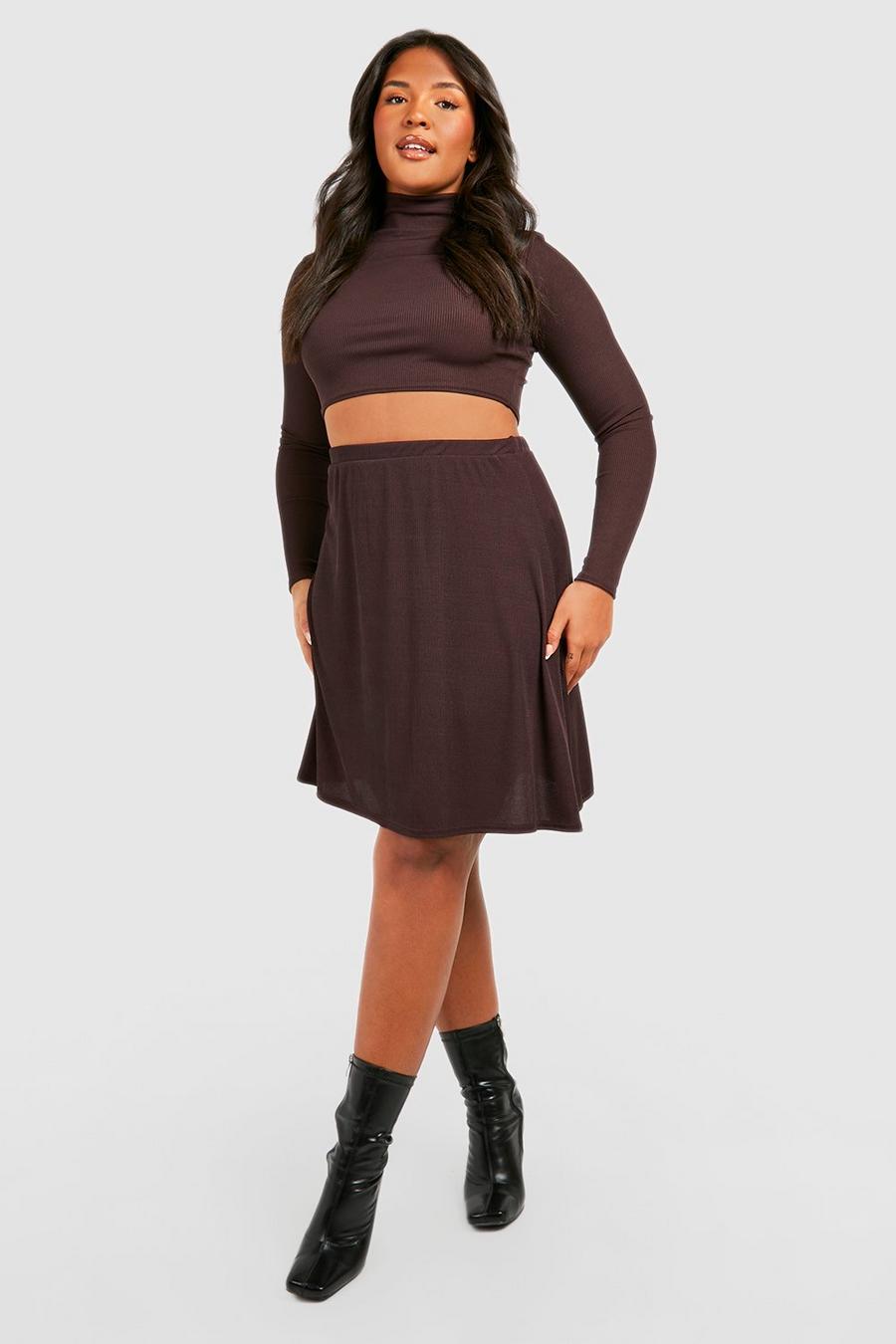 Chocolate brown Plus Basic Ribbed Skater Skirt image number 1