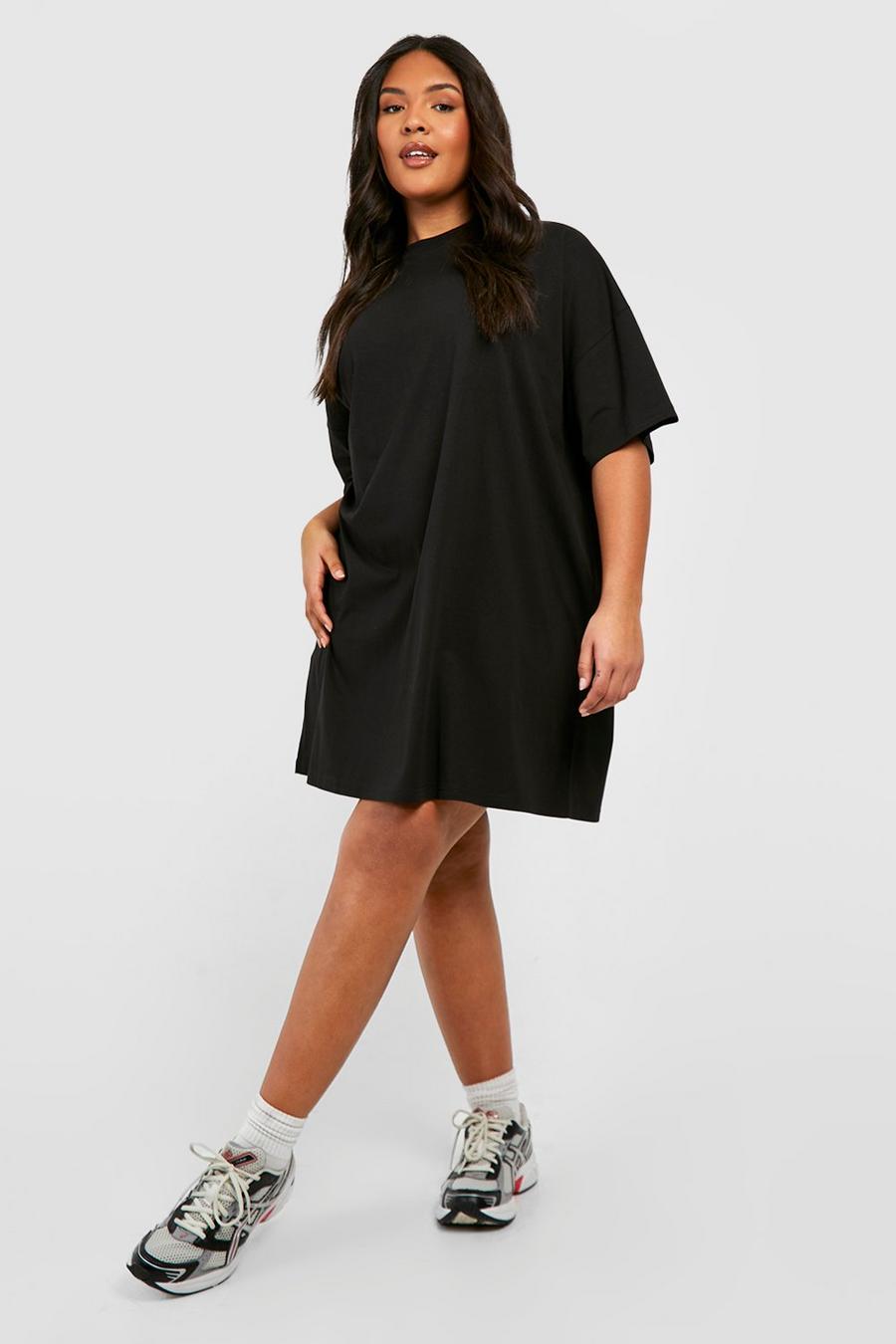 Plus kurzärmliges Oversize T-Shirt Kleid aus Baumwolle, Black image number 1