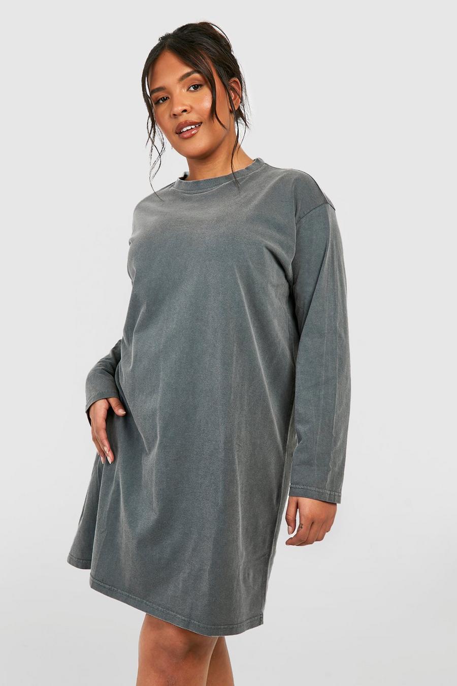 Grey Plus Cotton Acid Wash Long Sleeve T-Shirt Dress image number 1