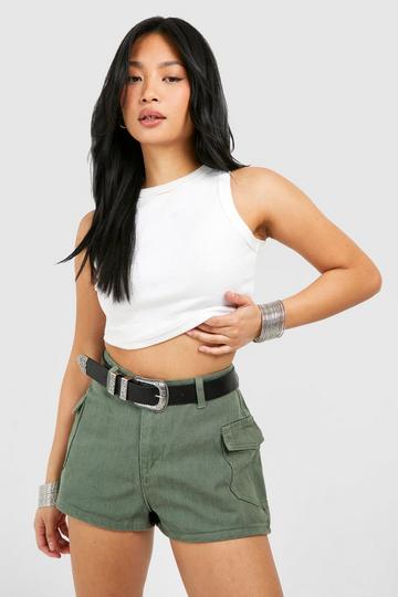 Khaki Petite Cargo Pocket Detail Jean Shorts