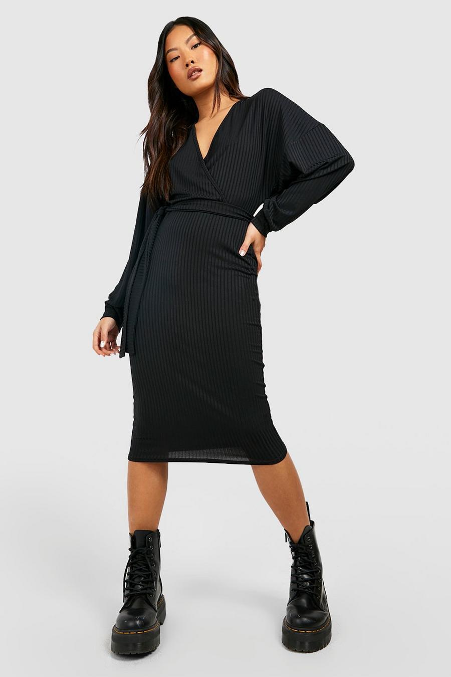 Black Petite Jumbo Rib Batwing Belted Midi Dress image number 1