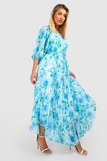 Blue Floral Pleated Puff Sleeve Midi Dress