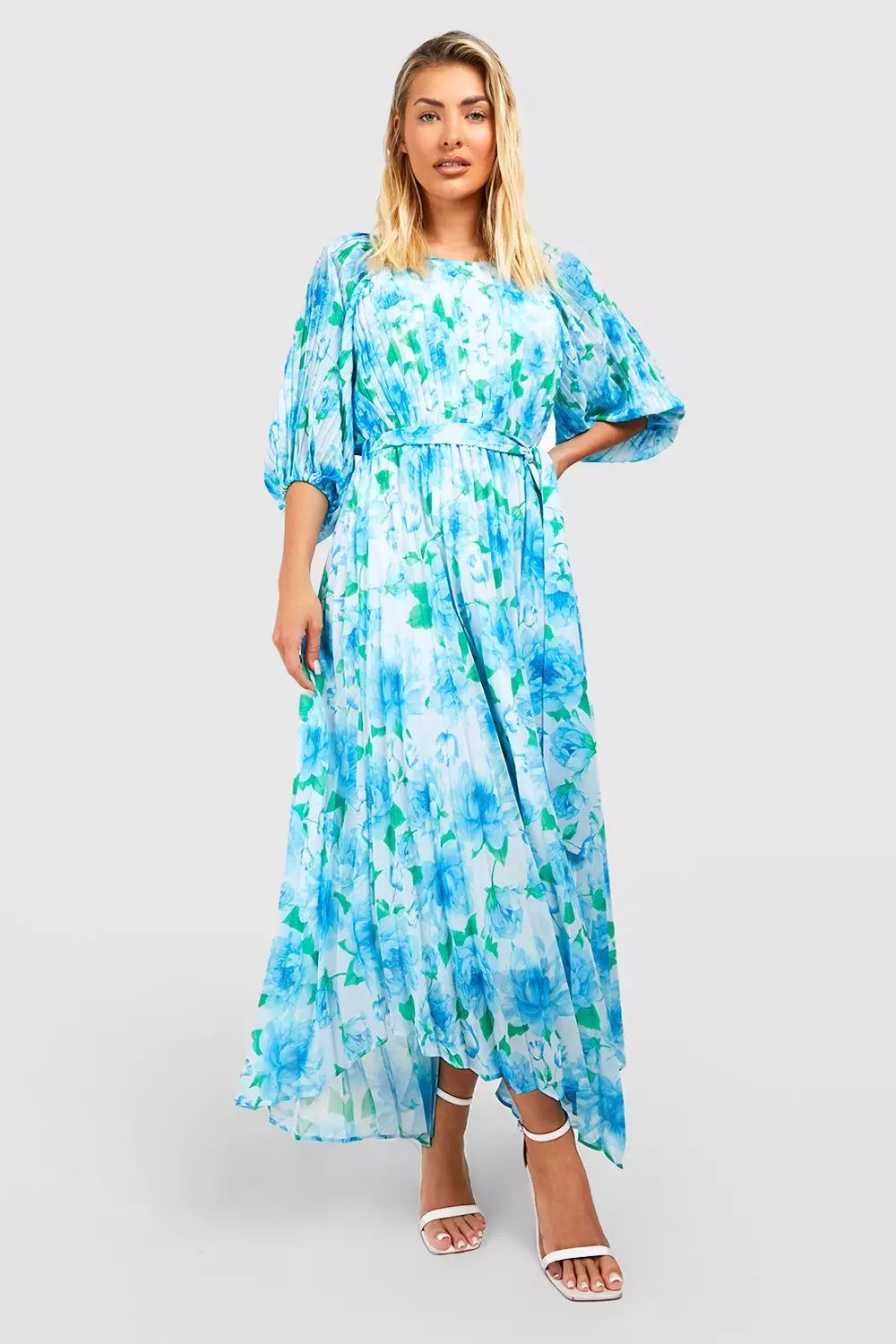 Blue Floral Pleated Puff Sleeve Midi Dress  alternative image