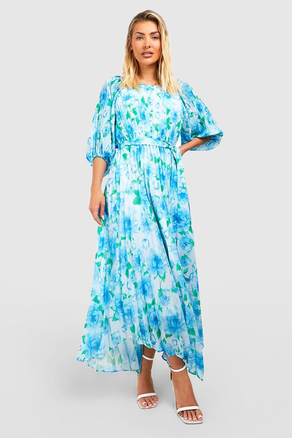 Blue floral pleated dress sales