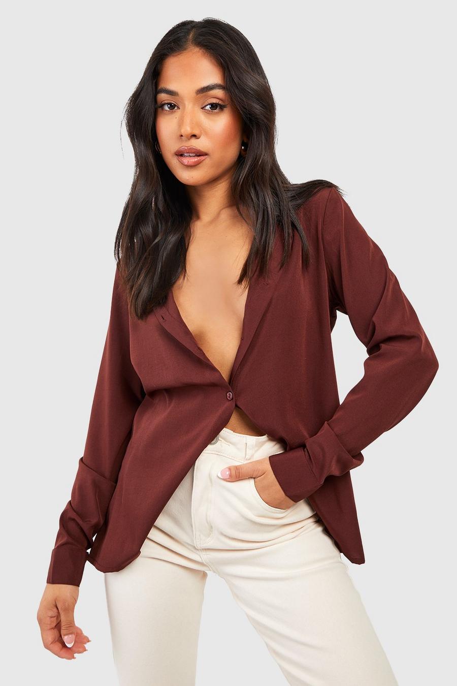 Chocolate brown Petite Woven Long Sleeve Shirt image number 1