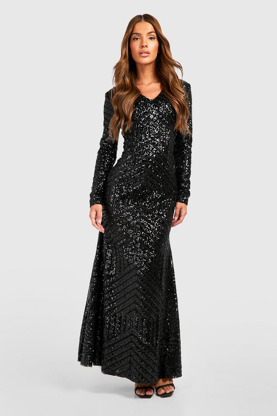 Black Boutique Sequin Long Sleeve Maxi Bridesmaid Dress image number 1