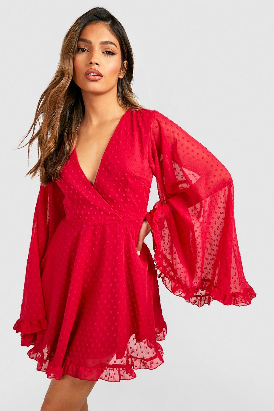Red Dobby Chiffon Wide Sleeve Skater Dress image number 1