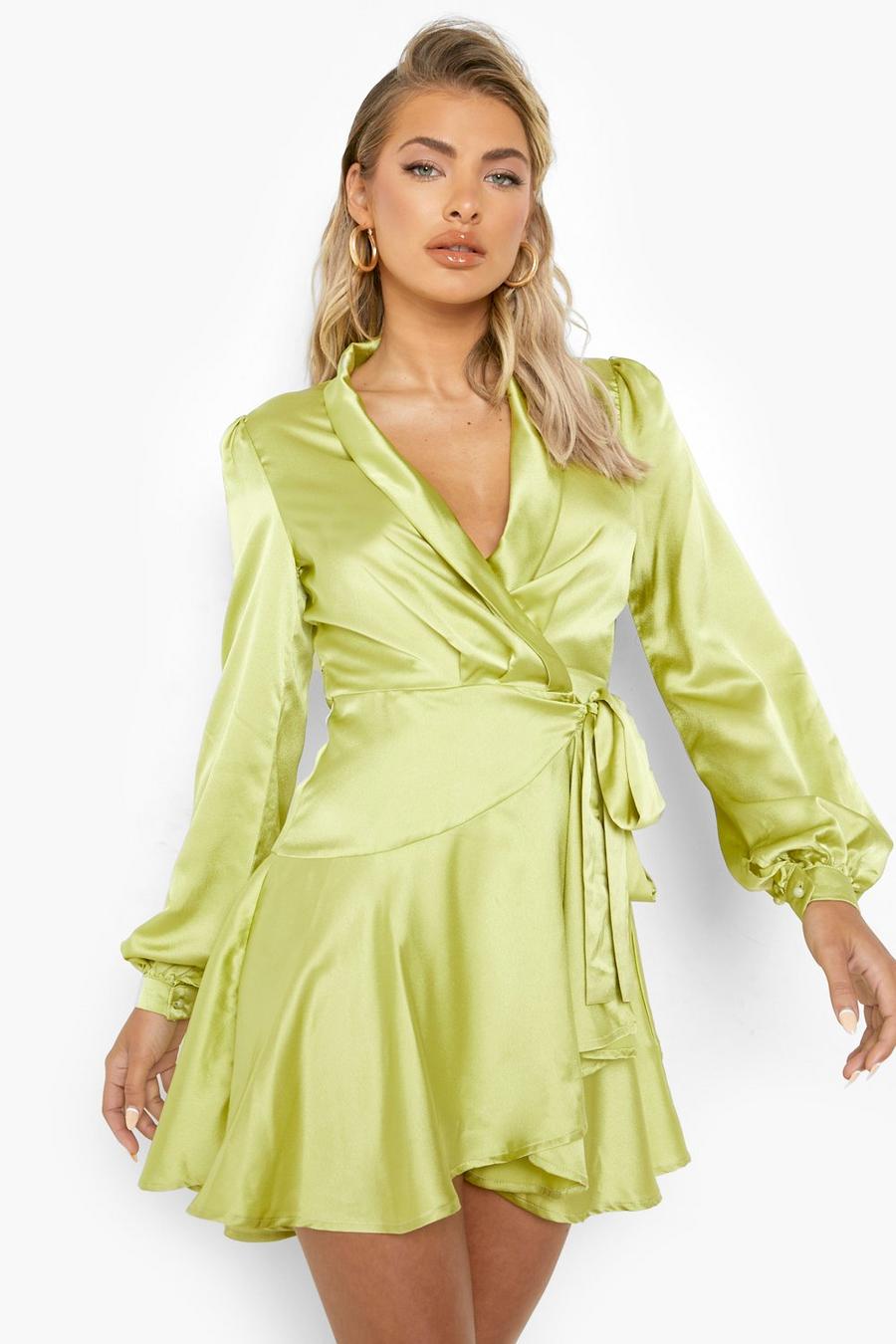 Mini Wickel-Kleid aus Satin, Chartreuse image number 1