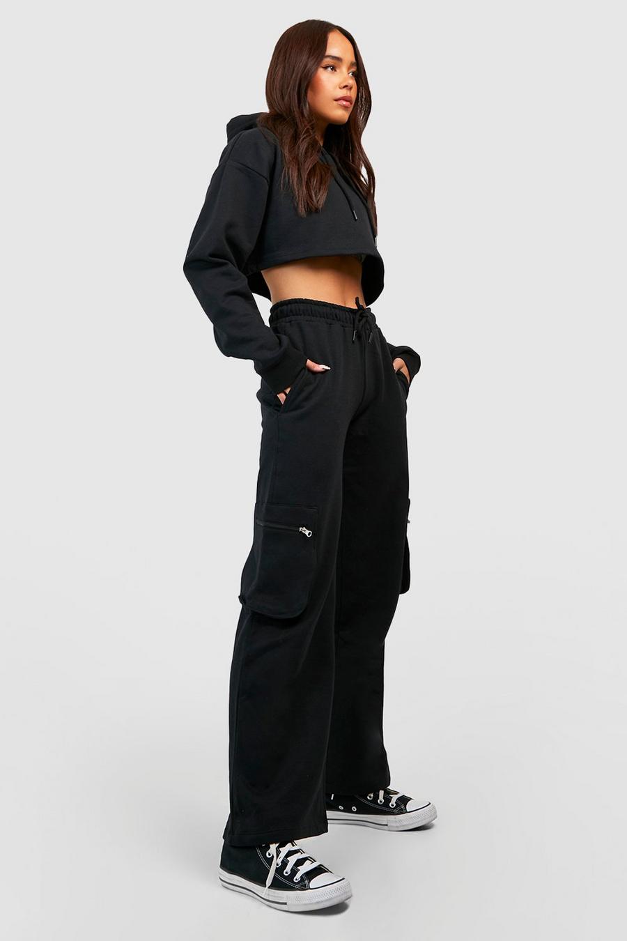 Black Petite Crop Hoody And Cargo Track Pants Tracksuit image number 1