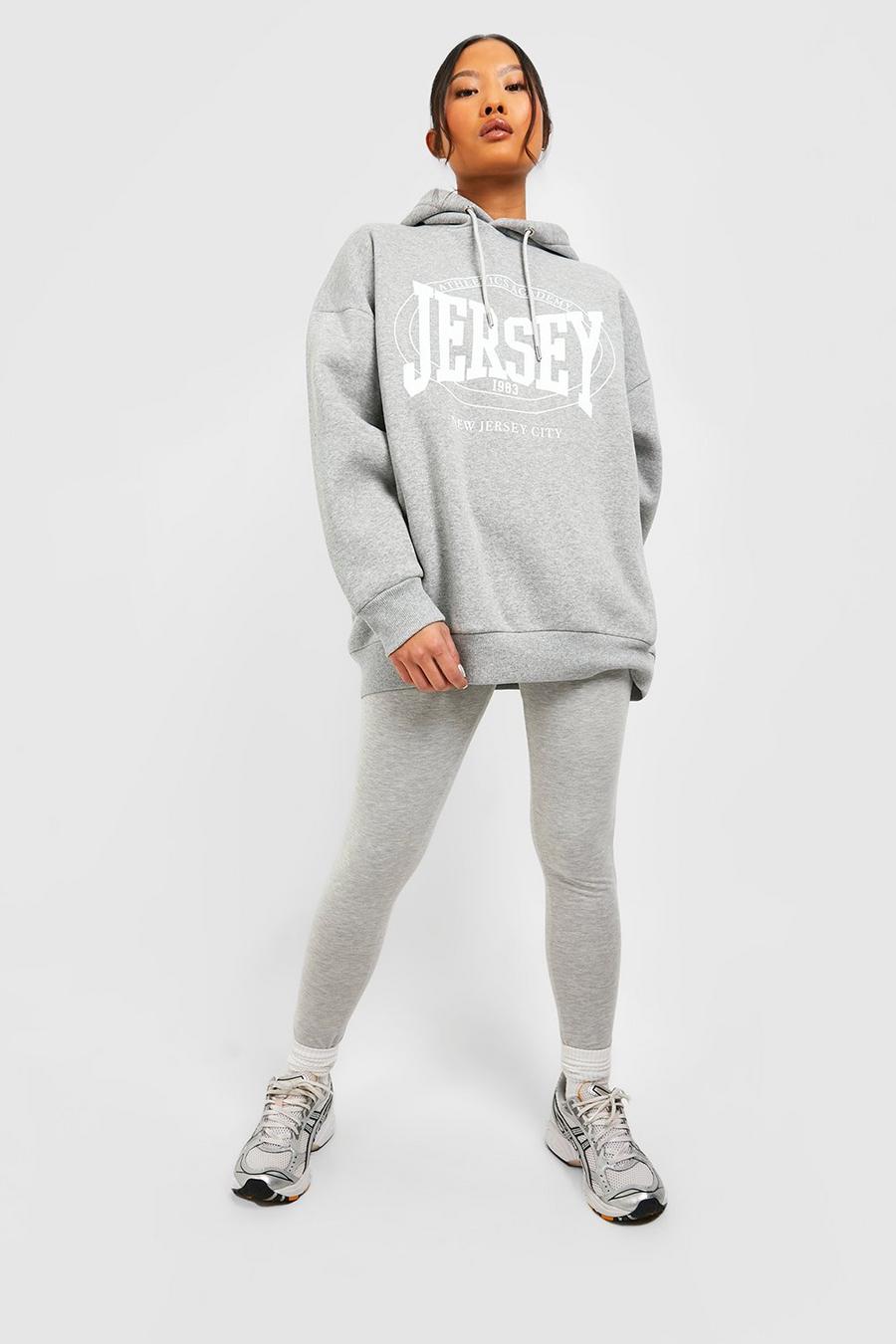 Petite Oversize Jersey-Hoodie mit Slogan & Leggings, Grey grau
