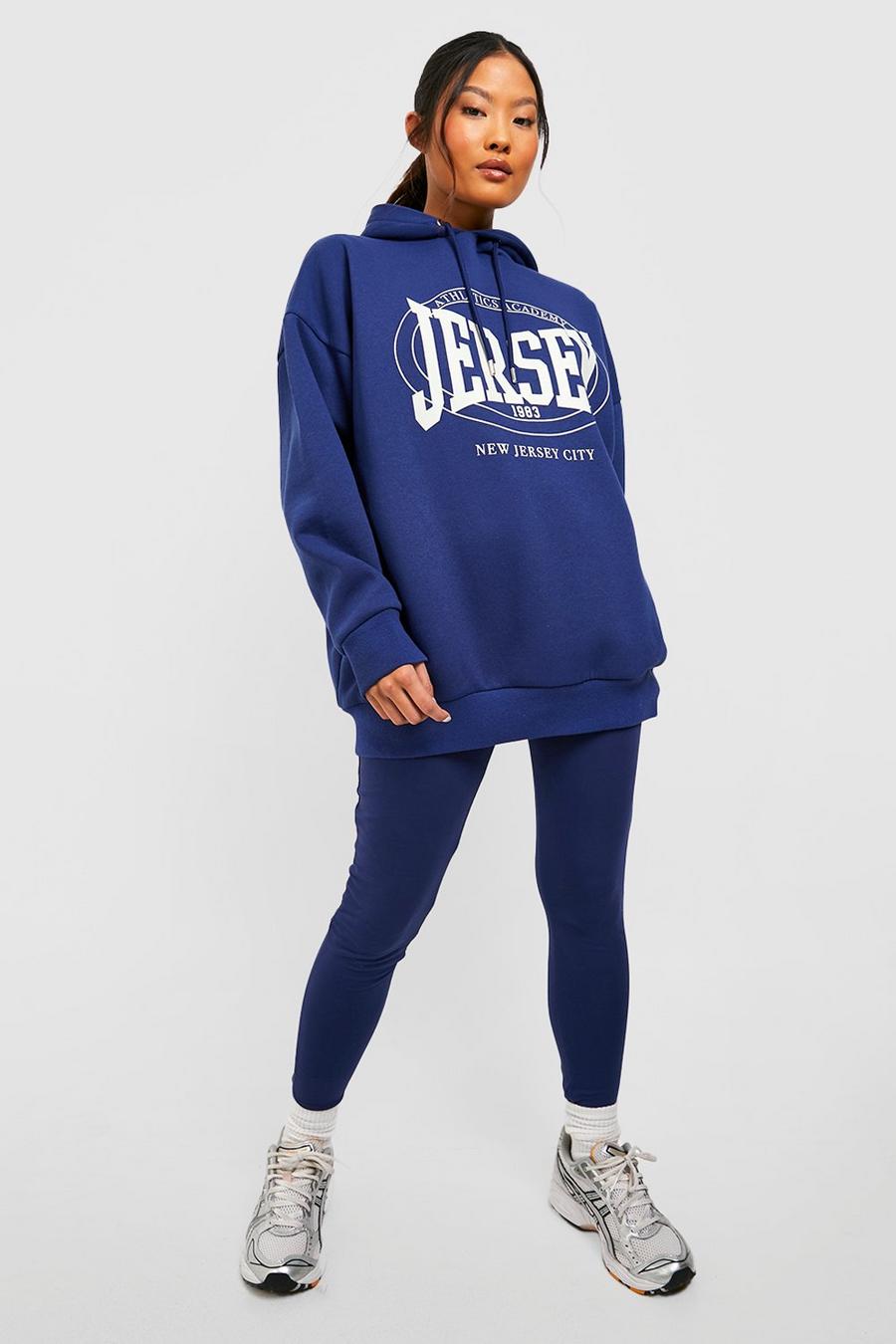 Navy Petite Jersey Slogan Oversized Hoodie And Leggings Tracksuit image number 1