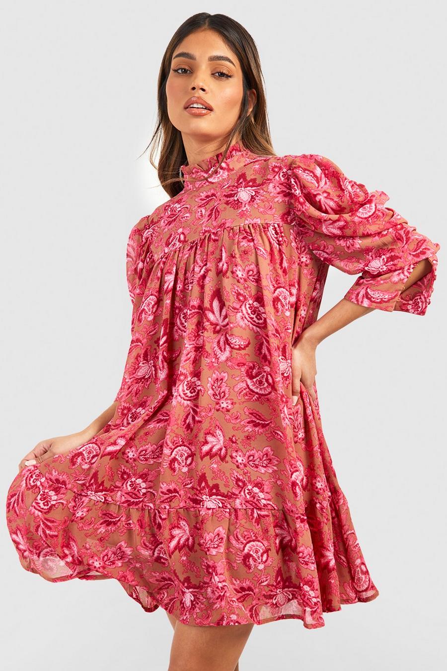 Printed Puff Sleeve Ruffle Neck Smock Dress, Pink
