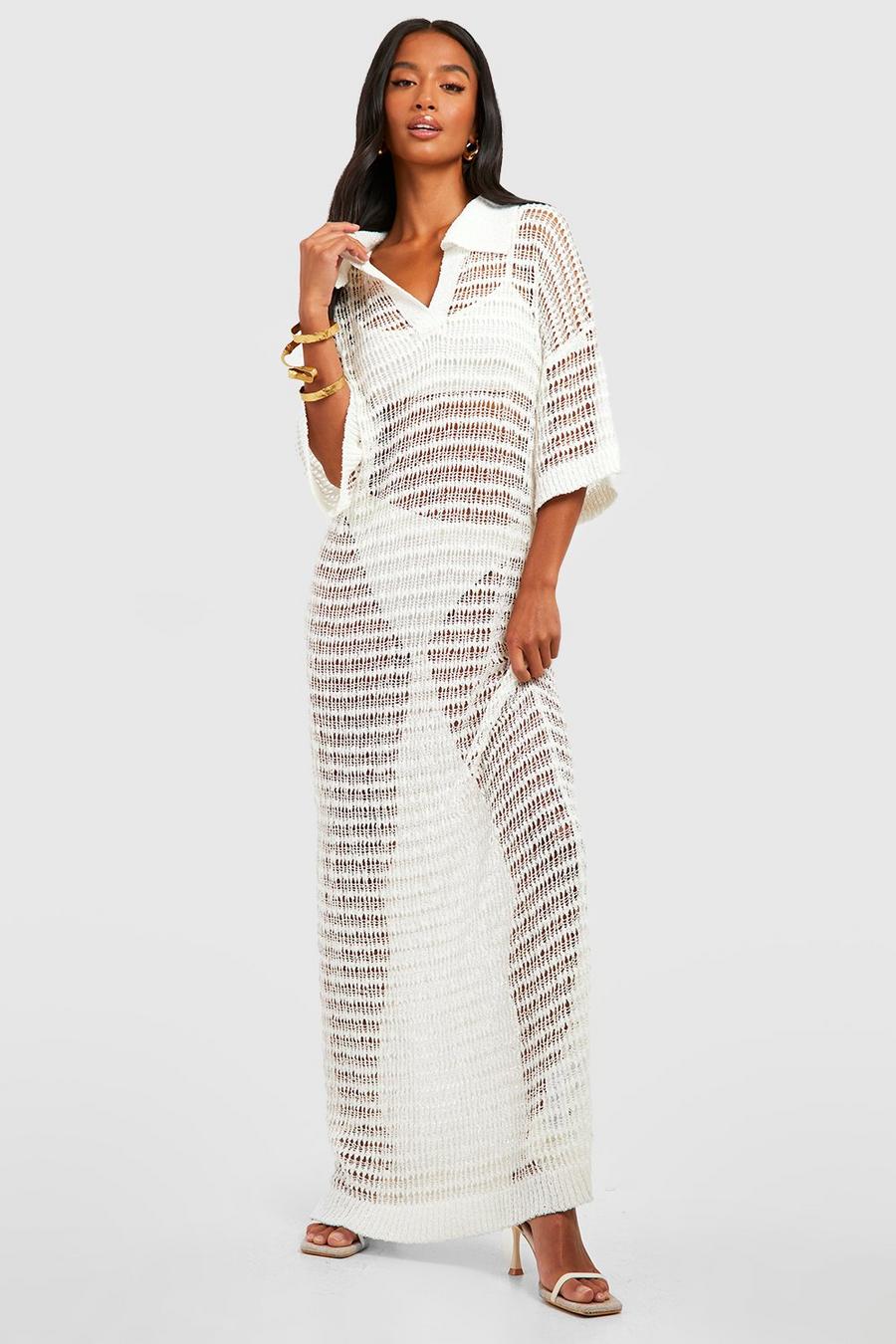 Ivory white Petite Crochet Collar Detail Maxi Dress