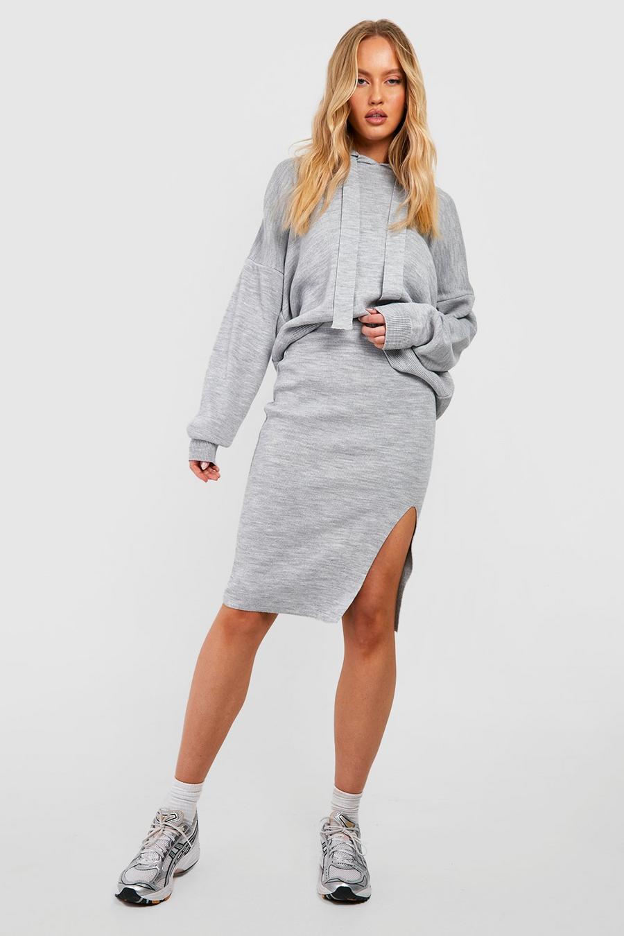 Grey Tall Knitted Oversized Hoodie And Midi Skirt Coord image number 1