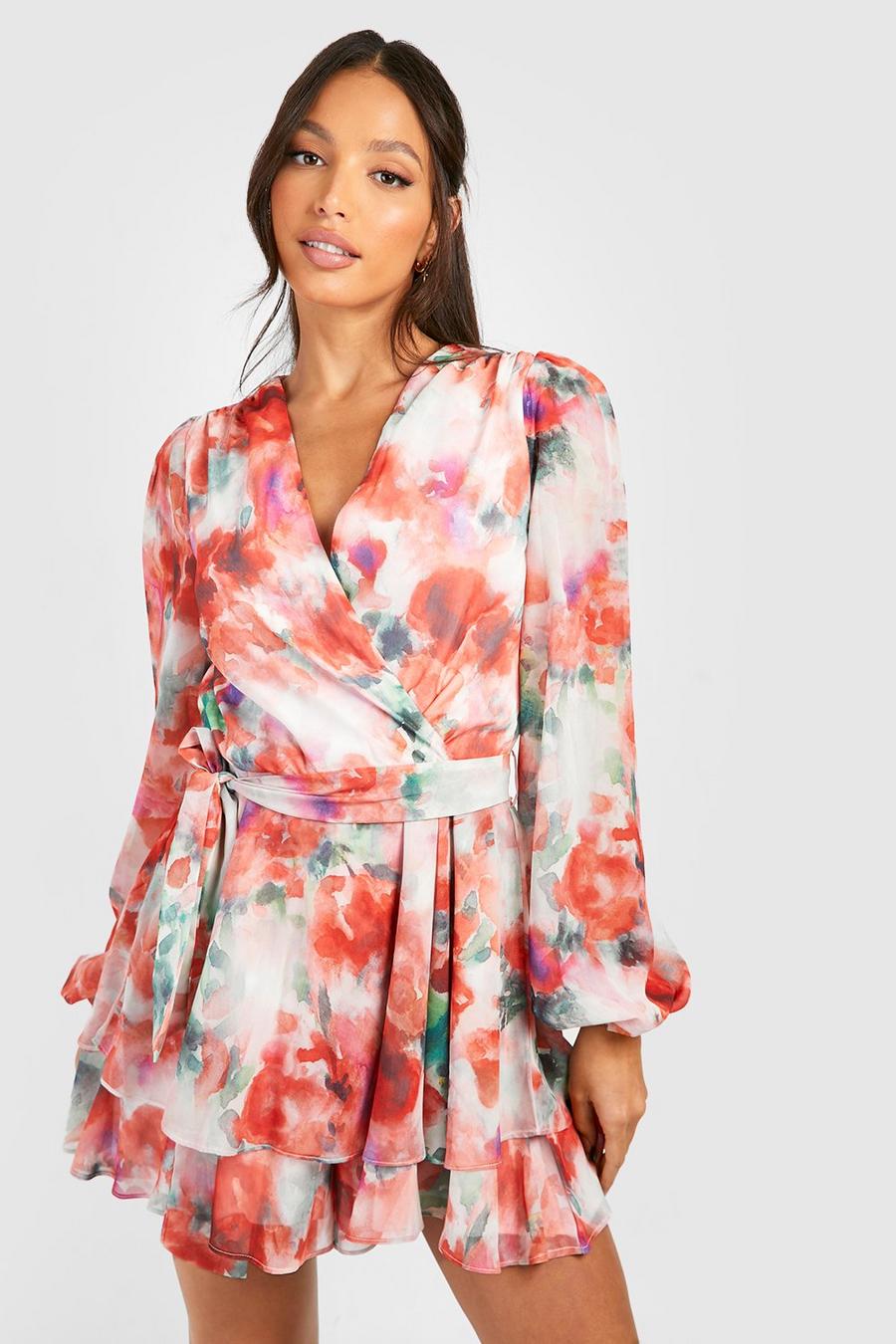 Red Tall Blurred Floral Wrap Self Belt Playsuit