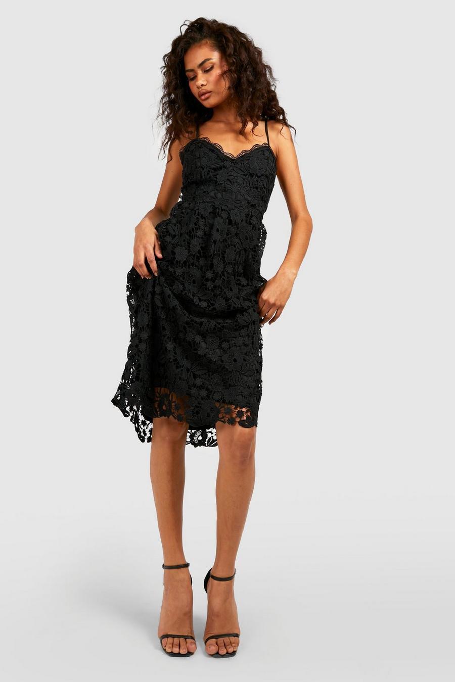 Black Strappy Crochet Lace Skater Midi Dress image number 1