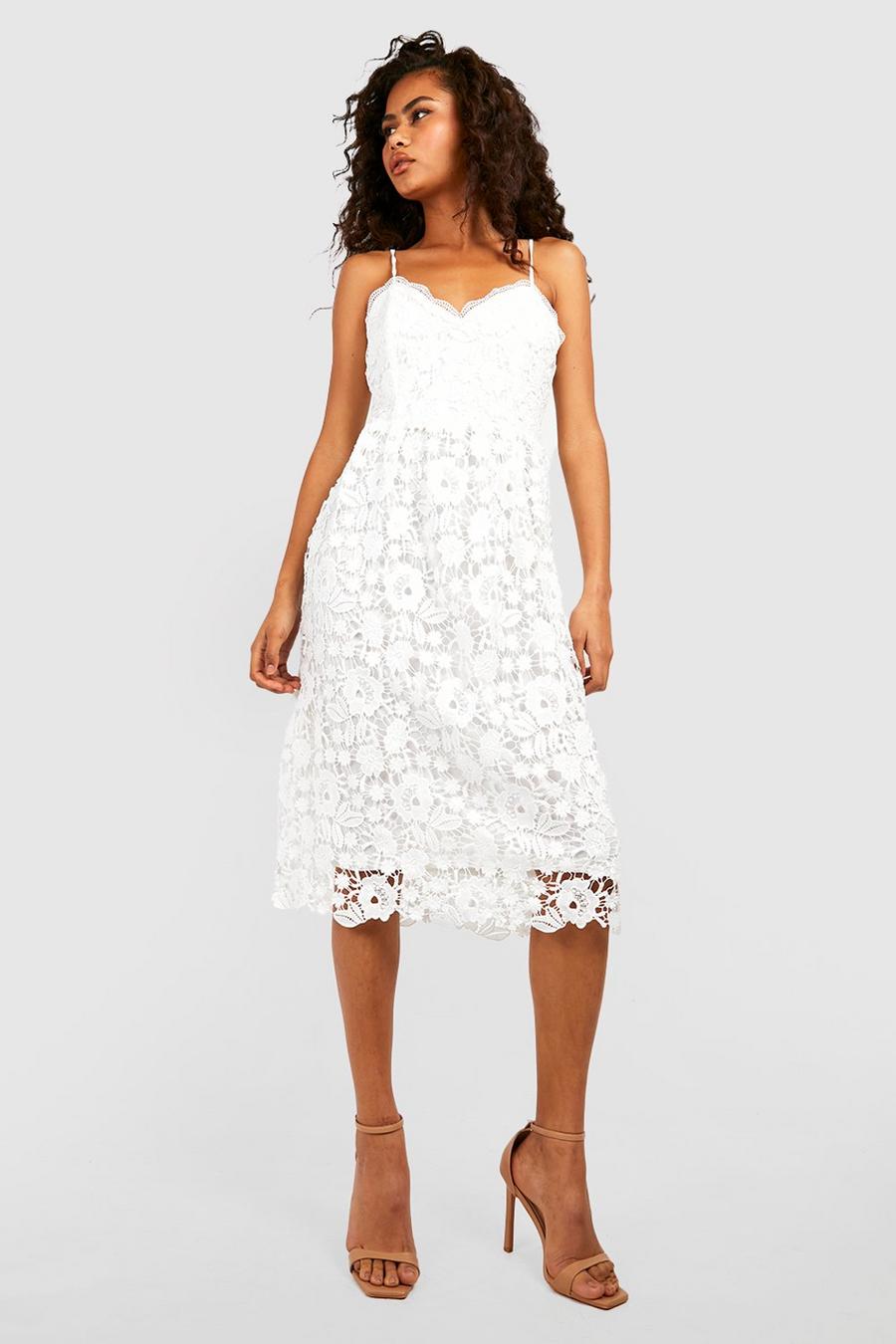 White Strappy Crochet Lace Skater Midi Dress image number 1