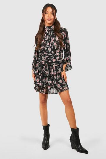 Floral High Neck Pleat Detail Skater Dress black