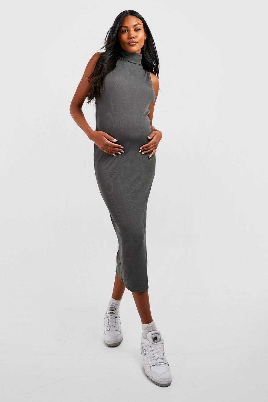 Khaki Maternity Turtleneck Midi Dress image number 1