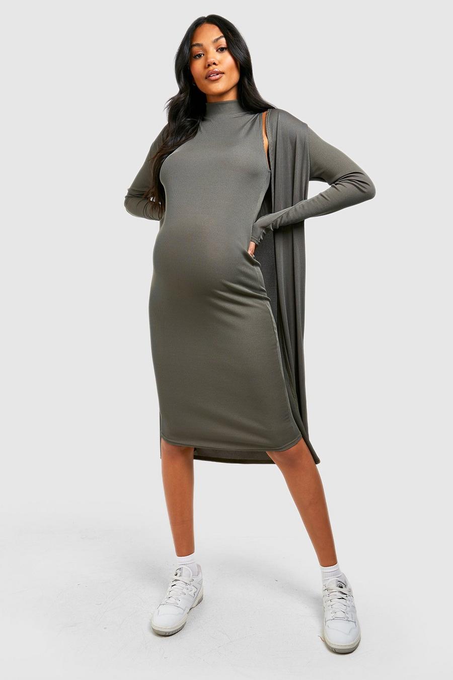 Khaki Maternity Rib Funnel Neck Midi Dress And Duster Set image number 1