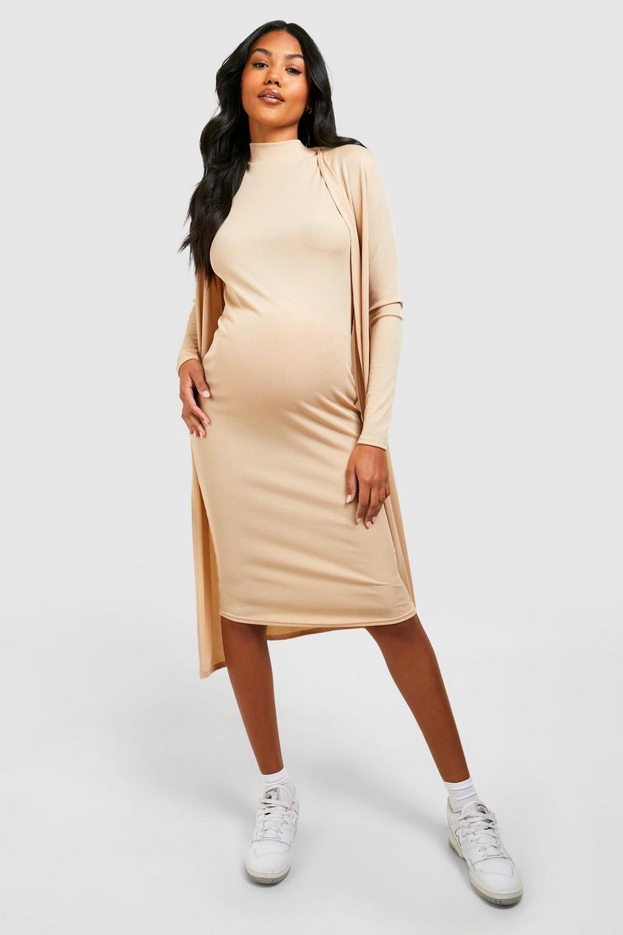 Stone Maternity Rib Funnel Neck Midi Dress And Duster Set image number 1