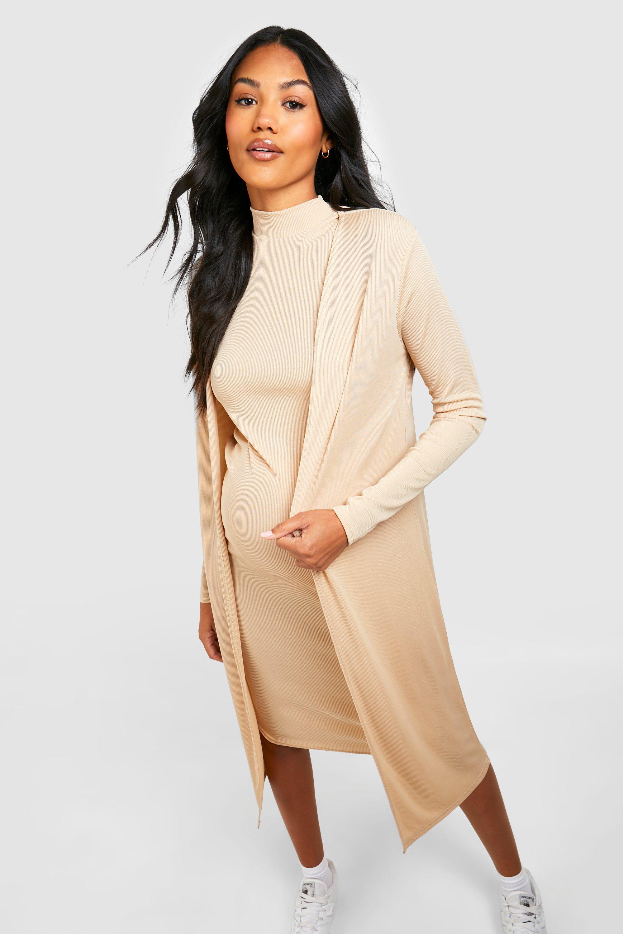 Maternity Rib Funnel Neck Midi Dress And Duster Set