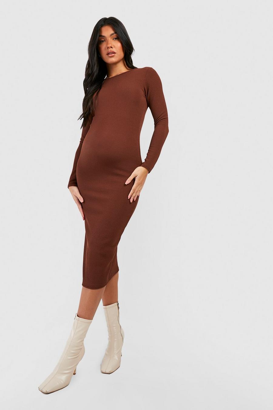 Chocolate brown Maternity Crinkle Rib Bodycon Midi Dress