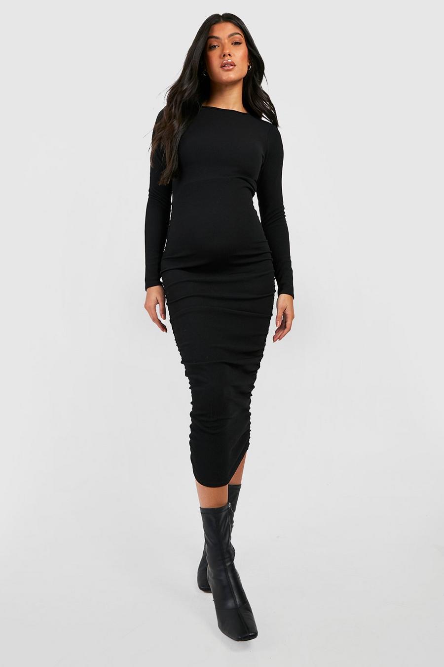 Black Maternity Crinkle Rib Ruched Midi Dress