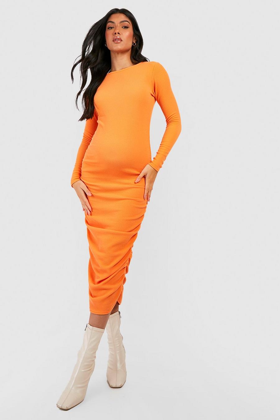 Orange Maternity Crinkle Rib Ruched Midi Dress image number 1