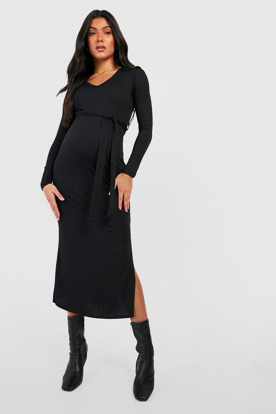 Black Maternity Soft Rib V Neck Midi Dress image number 1