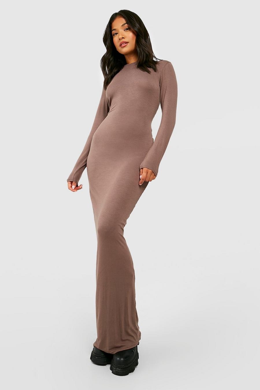 Chocolate brown Petite Scoop Neck Long Sleeve Maxi Dress  image number 1