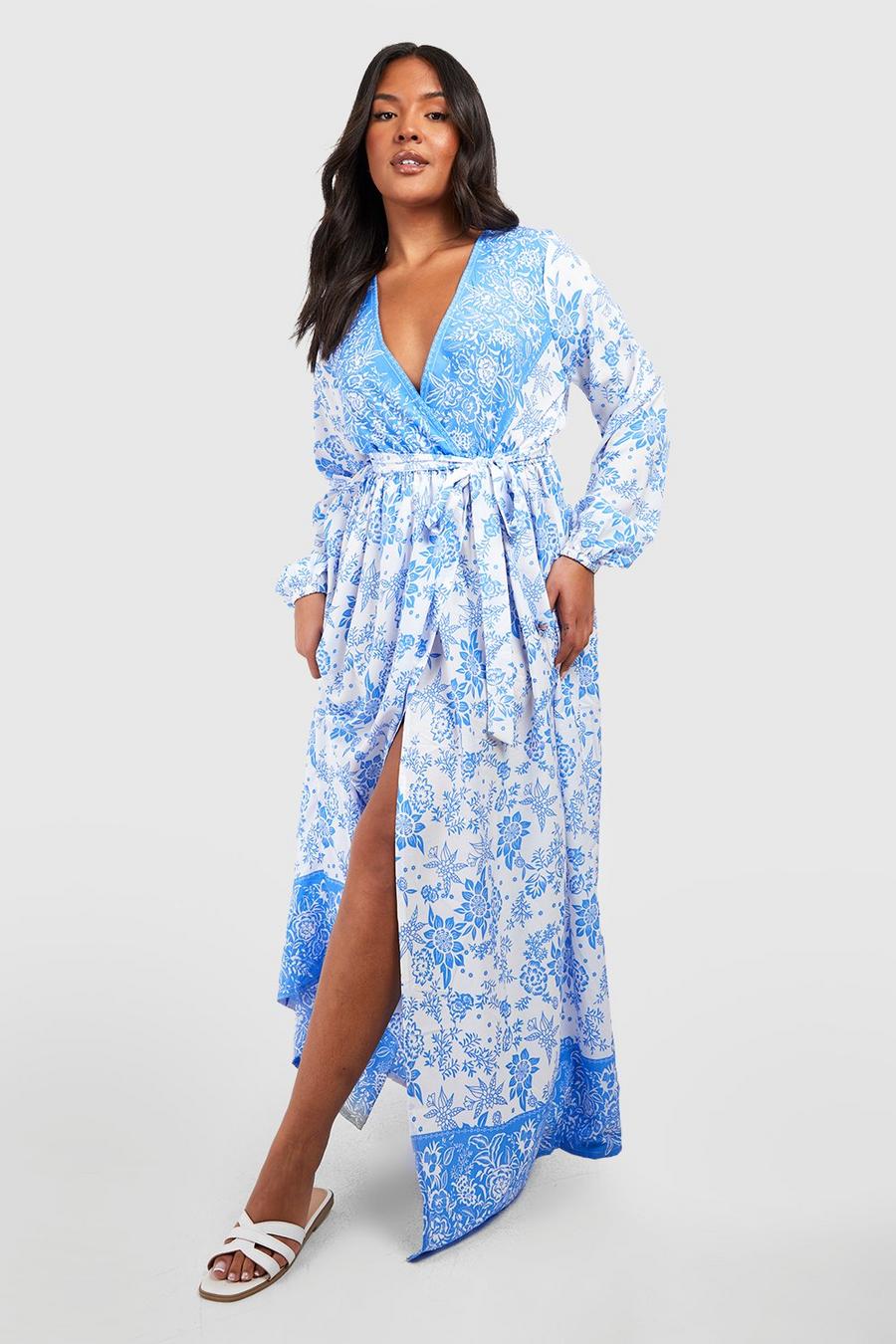 Vestito scaldacuore maxi Plus Size con motivi stile porcellana e fascia allacciata in vita, Blue image number 1
