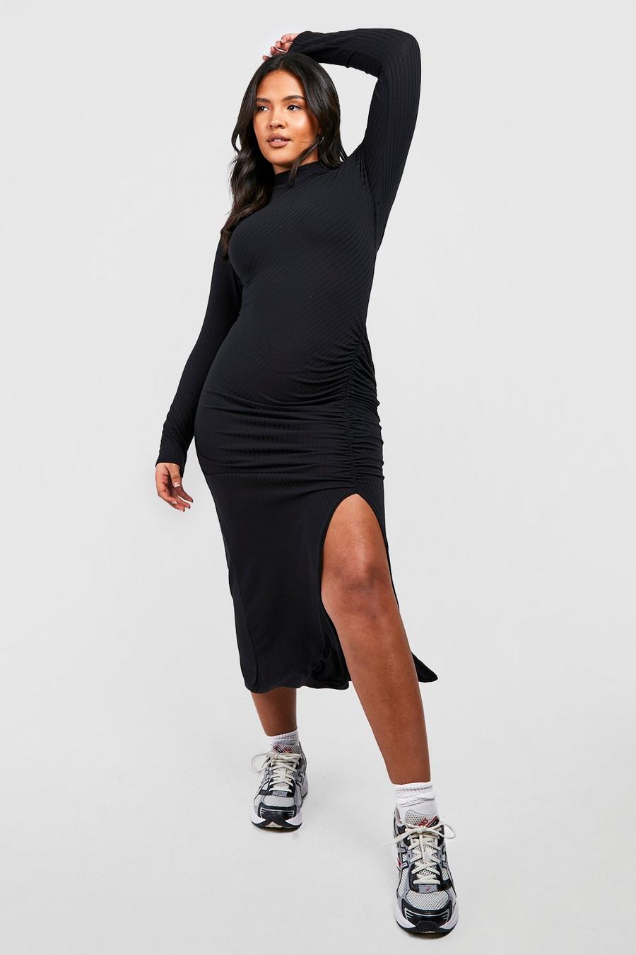 Black Plus Ruched Ribbed Midaxi Dress