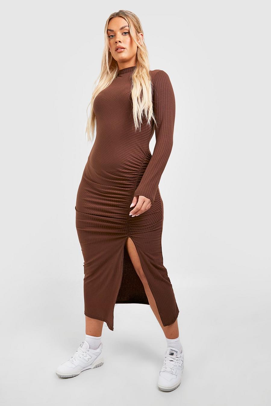 Chocolate brown Plus Ruched Ribbed Midaxi Dress
