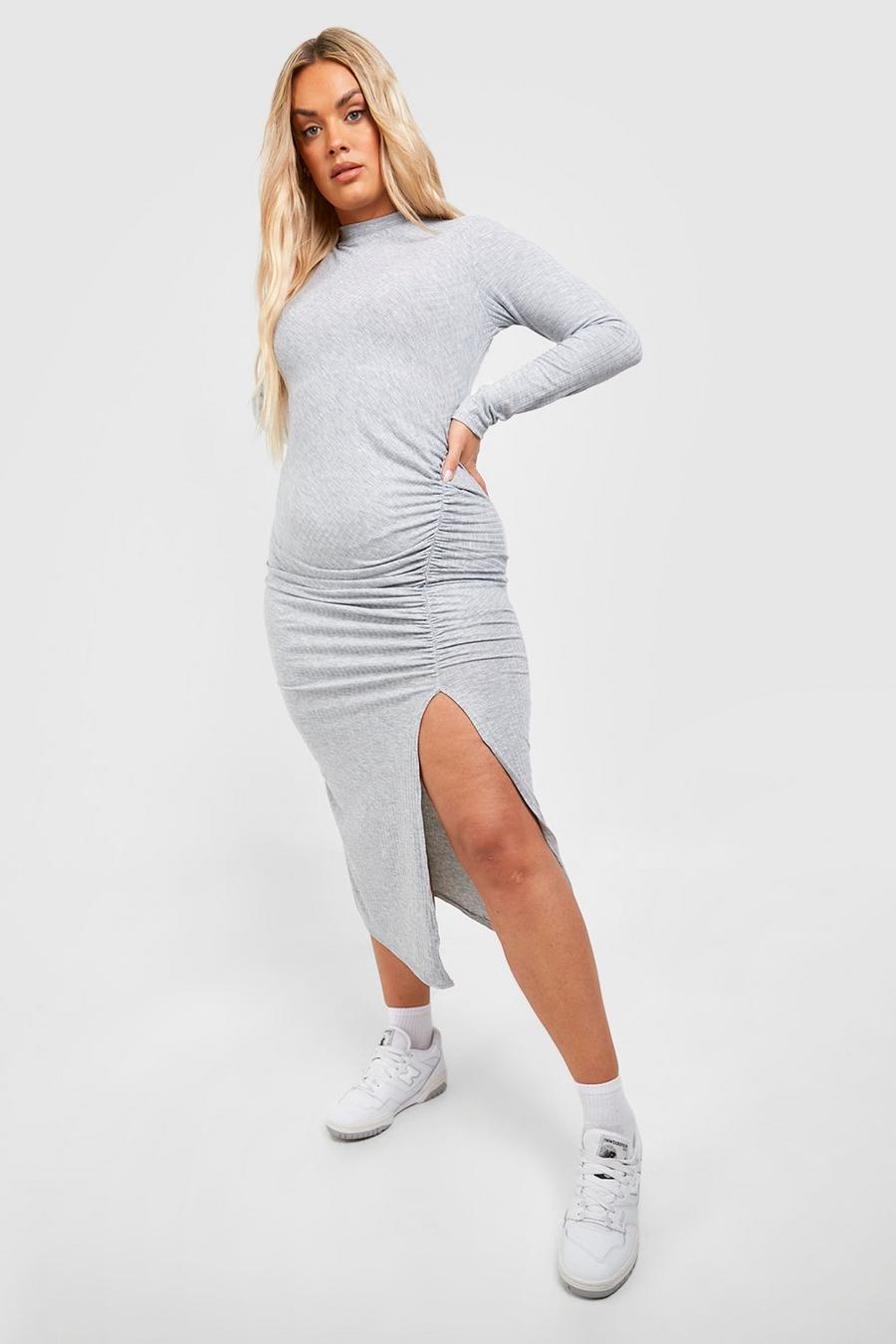 Grey Plus Ruched Ribbed Midi Dress image number 1