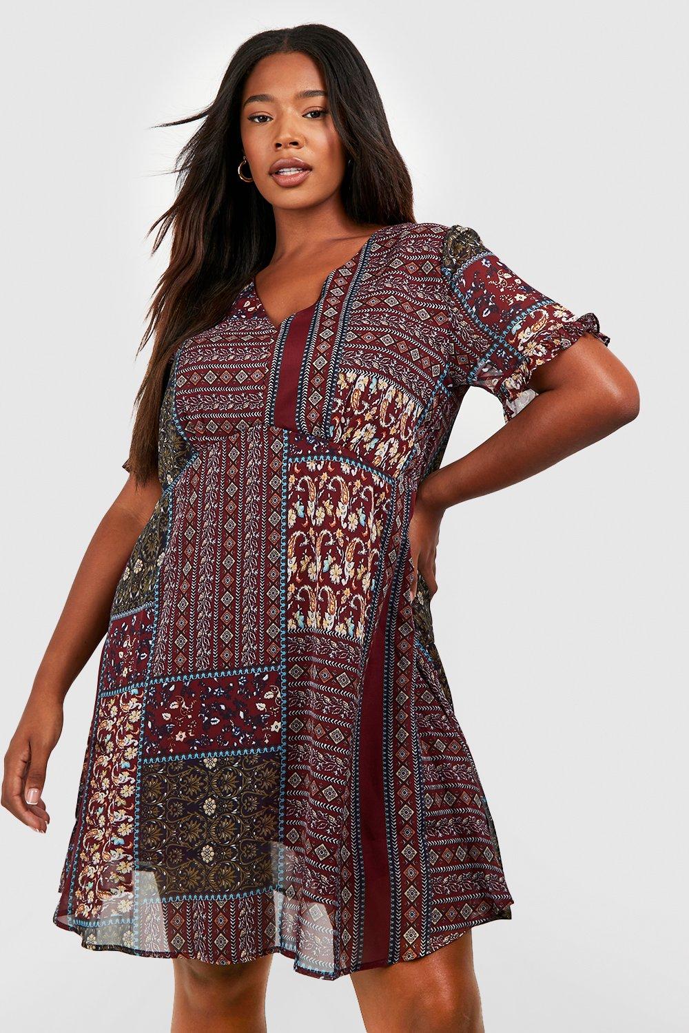 Plus Boho Aztec Ruffle Smock Dress | boohoo USA