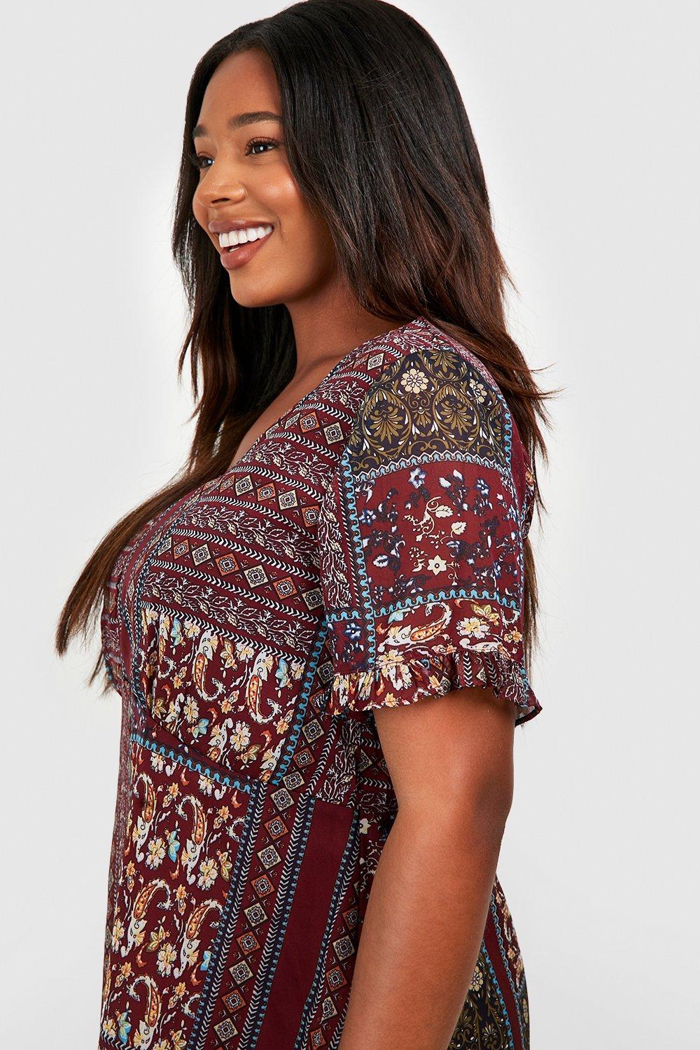 Women's Plus Boho Aztec Ruffle Smock Dress