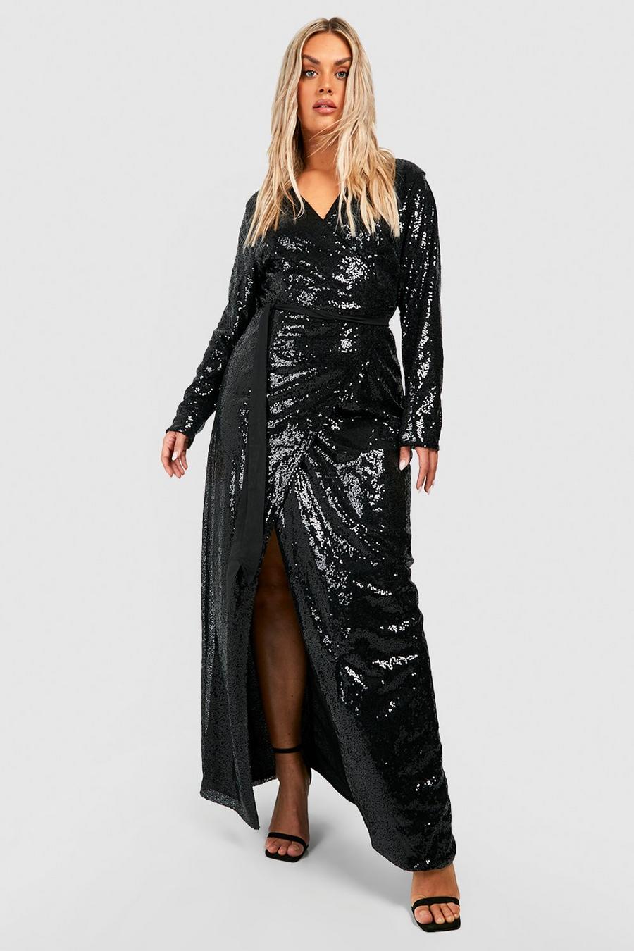 Black Plus Sequin Wrap Floor Sweeping Maxi Dress image number 1