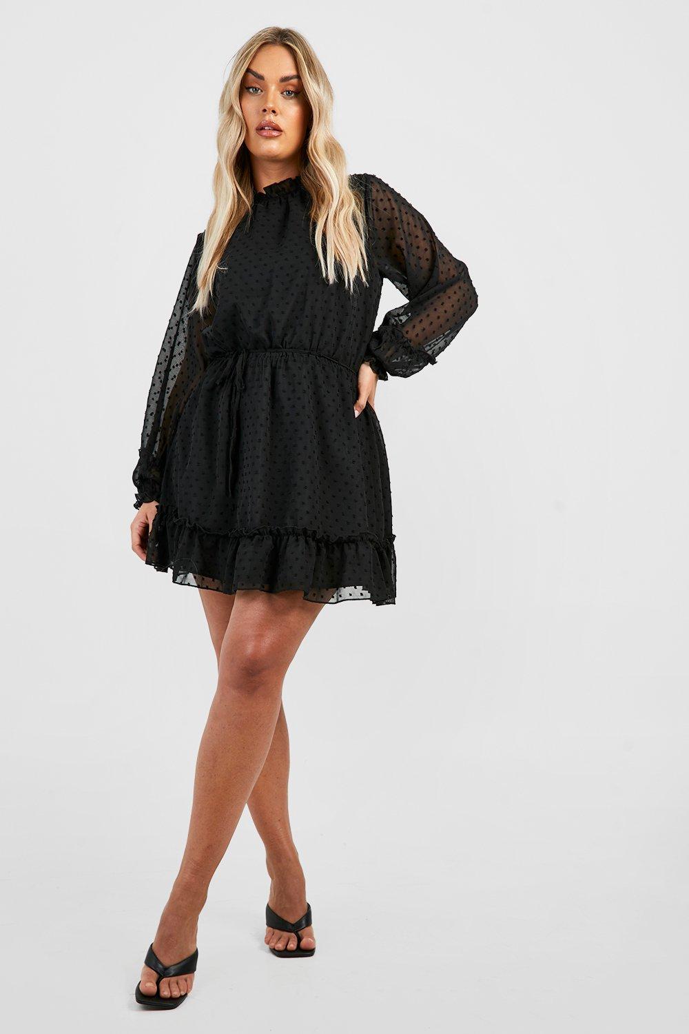 Black dobby mesh ruffle skater dress hotsell