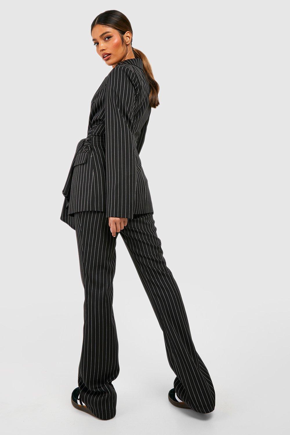 High Rise Pinstripe Flare Ponte Pant in Black Pinstripe